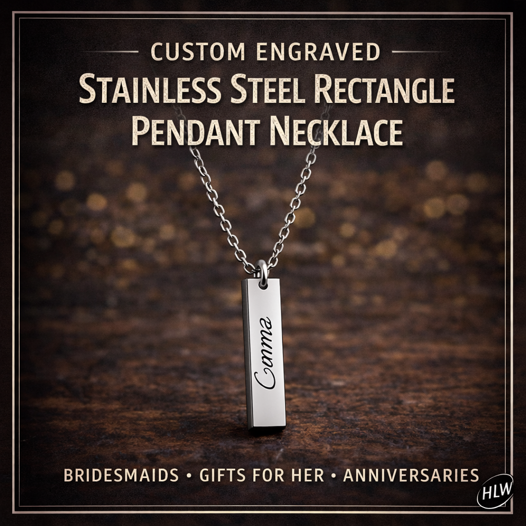 Personalized Stainless Steel Bar Necklace – Custom Engraved Rectangle Pendant (Bridal Party Gift for Her)