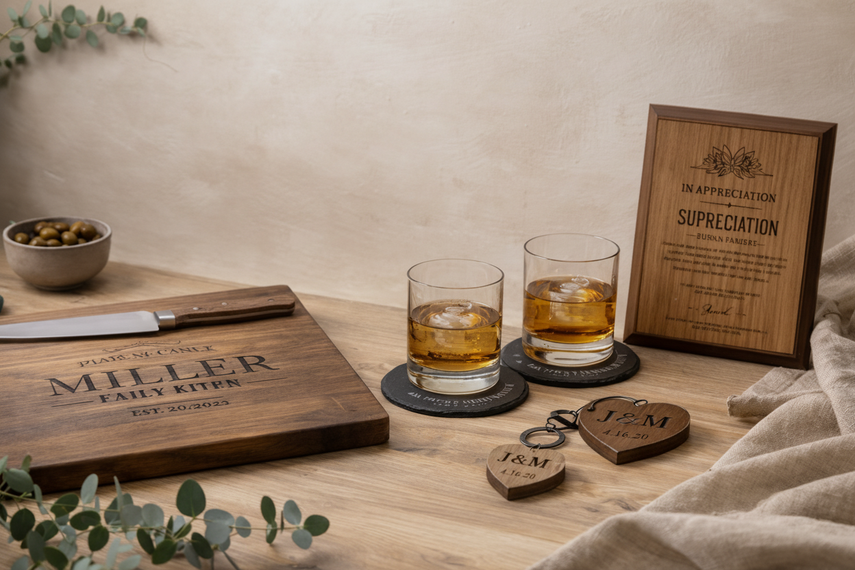 Wooden cutting board with engraved text, two glasses of whiskey, a wooden plaque, and heart-shaped keychains on a wooden surface.